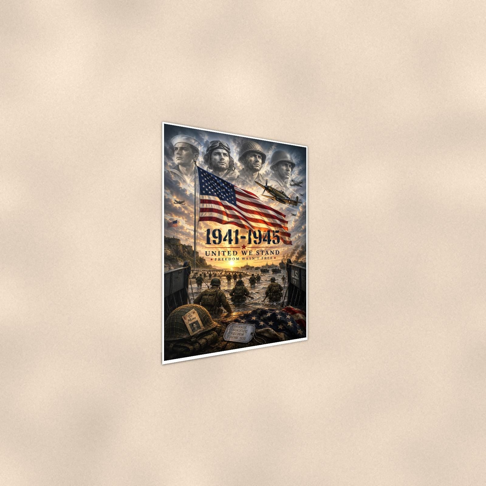 World War Ii 1941 1945 United We Stand (2) — 24x36 in art print poster, premium luster paper with a white border; steeper three-quarter angle on a warm wall, catching the luster sheen.