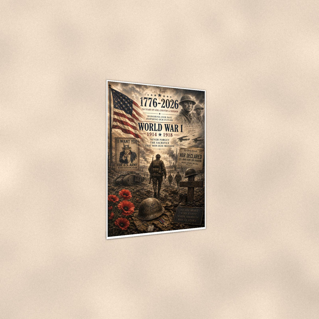 World War I 1914 1918 — 24x36 in art print poster, premium luster paper with a white border; gentle three-quarter angle on a warm wall, showing the flat paper edge.