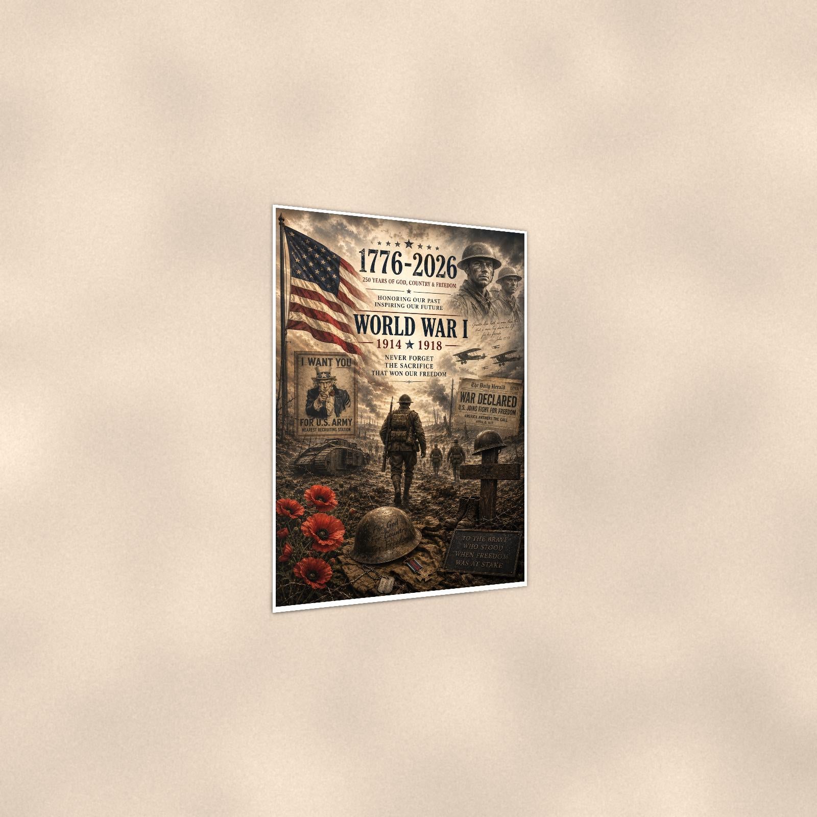 World War I 1914 1918 — 24x36 in art print poster, premium luster paper with a white border; gentle three-quarter angle on a warm wall, showing the flat paper edge.