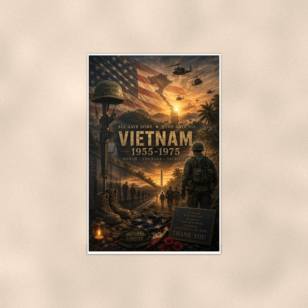Vietnam 1955 1975 (2) — 24x36 in art print poster, premium luster paper with a white border; poster shown straight on against a warm wall.