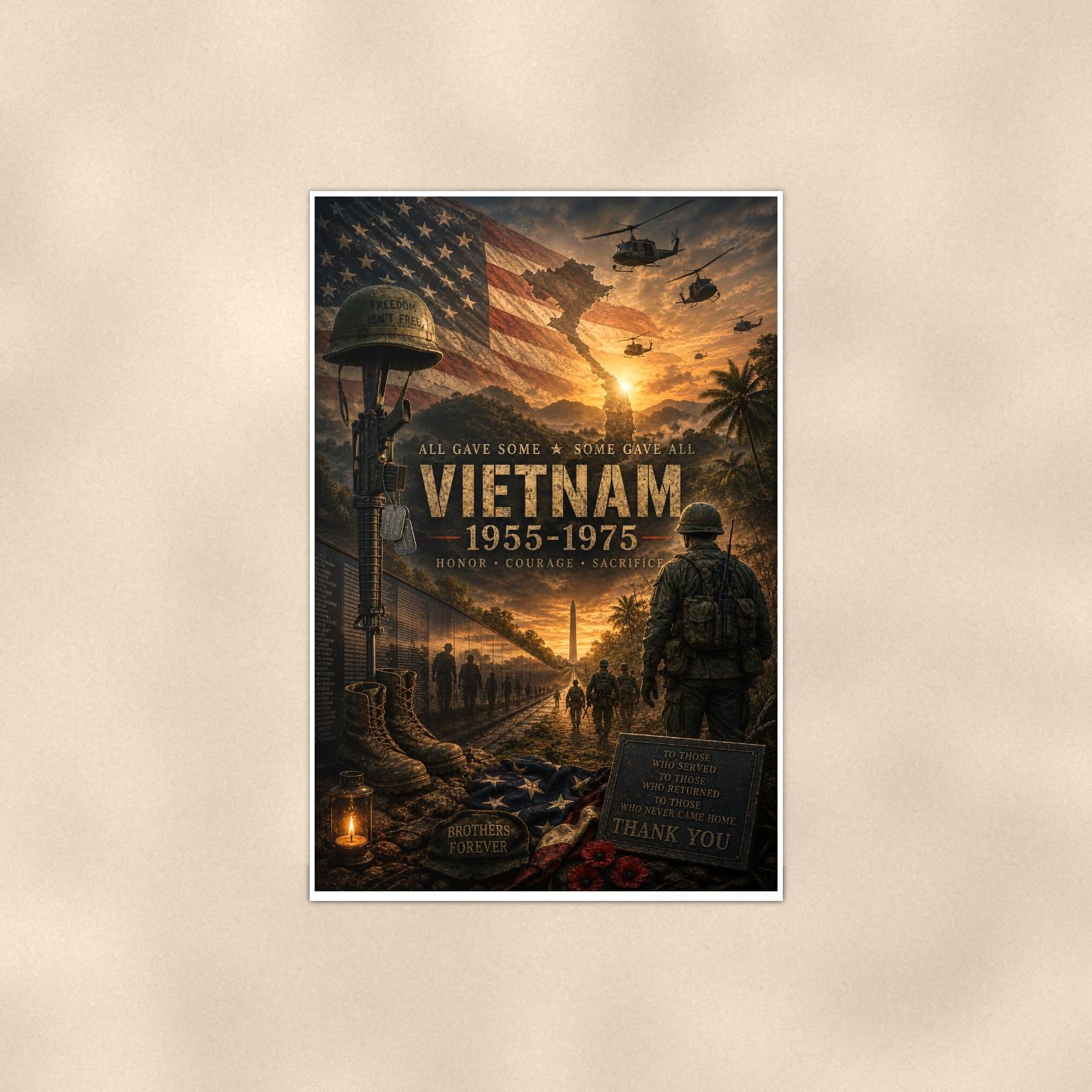 Vietnam 1955 1975 (2) — 24x36 in art print poster, premium luster paper with a white border; poster shown straight on against a warm wall.
