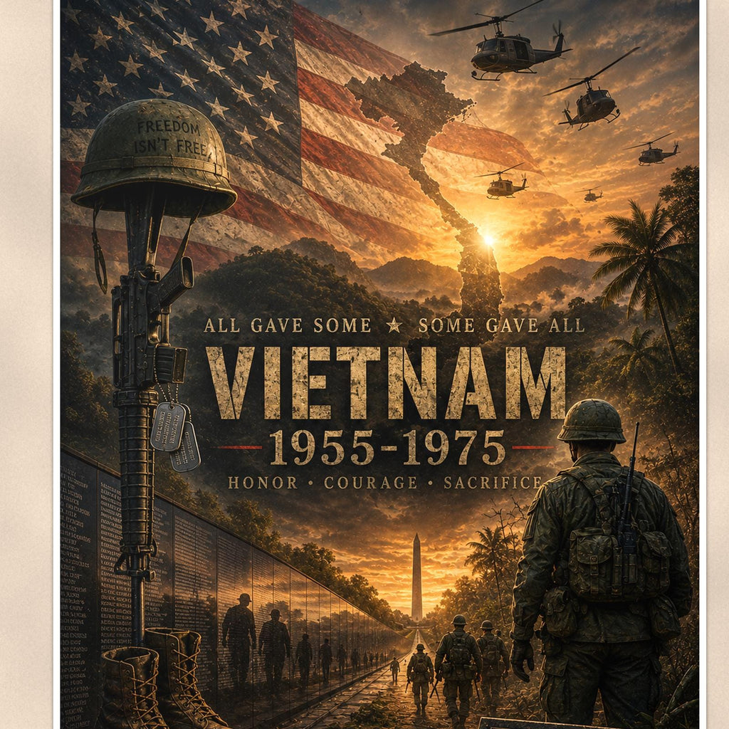 Vietnam 1955 1975 (2) — 24x36 in art print poster, premium luster paper with a white border; close-up framed on the main subject of the artwork, paper surface visible.