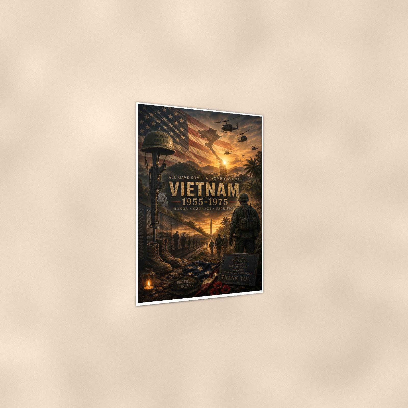 Vietnam 1955 1975 (2) — 24x36 in art print poster, premium luster paper with a white border; gentle three-quarter angle on a warm wall, showing the flat paper edge.