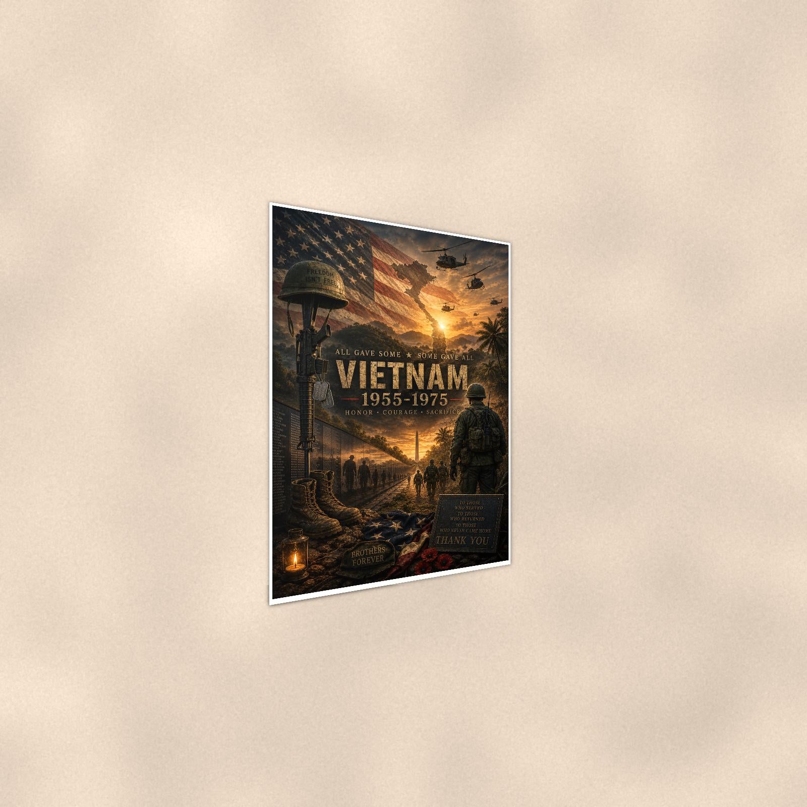 Vietnam 1955 1975 (2) — 24x36 in art print poster, premium luster paper with a white border; steeper three-quarter angle on a warm wall, catching the luster sheen.