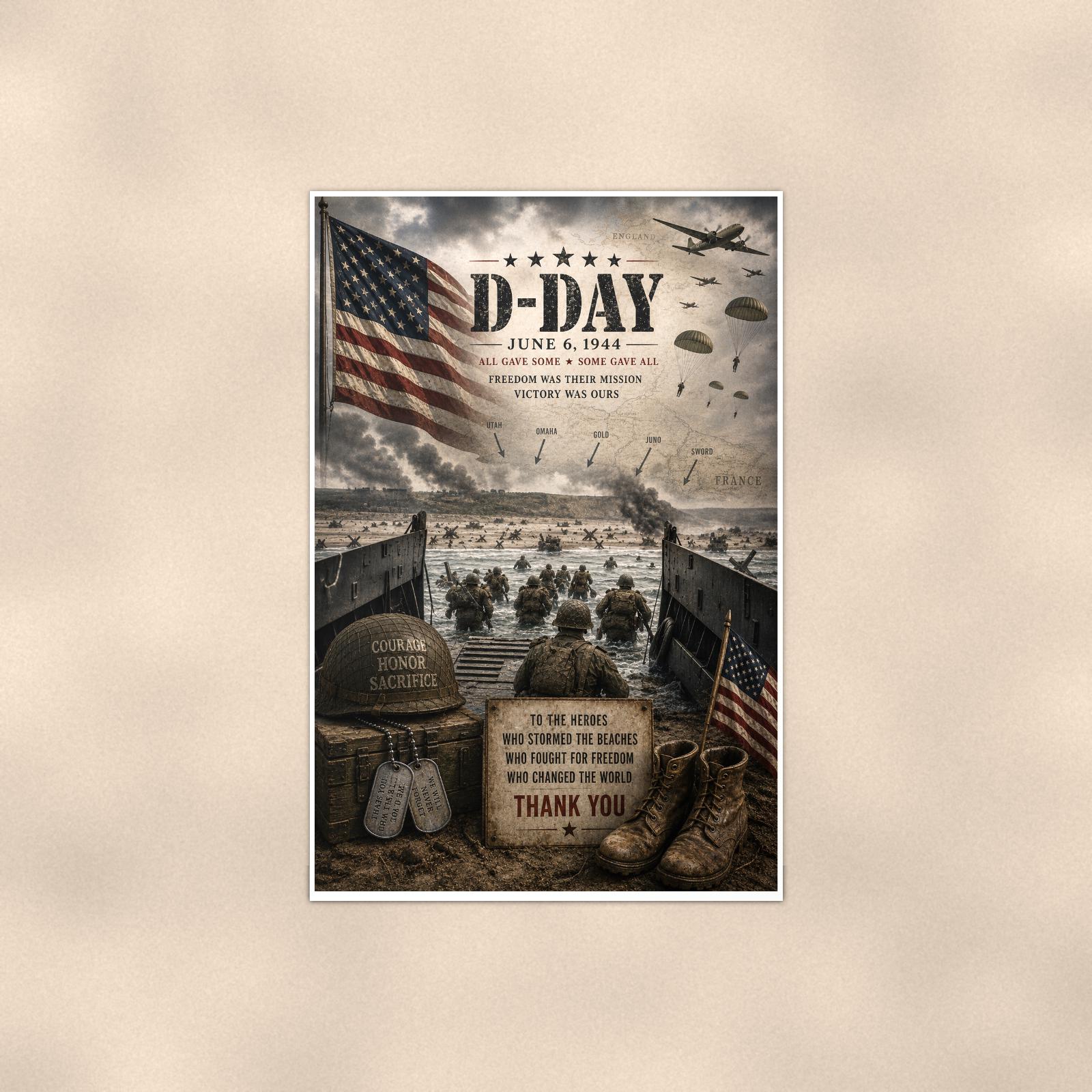D-Day June 6 1944 — 24x36 in art print poster, premium luster paper with a white border; poster shown straight on against a warm wall.