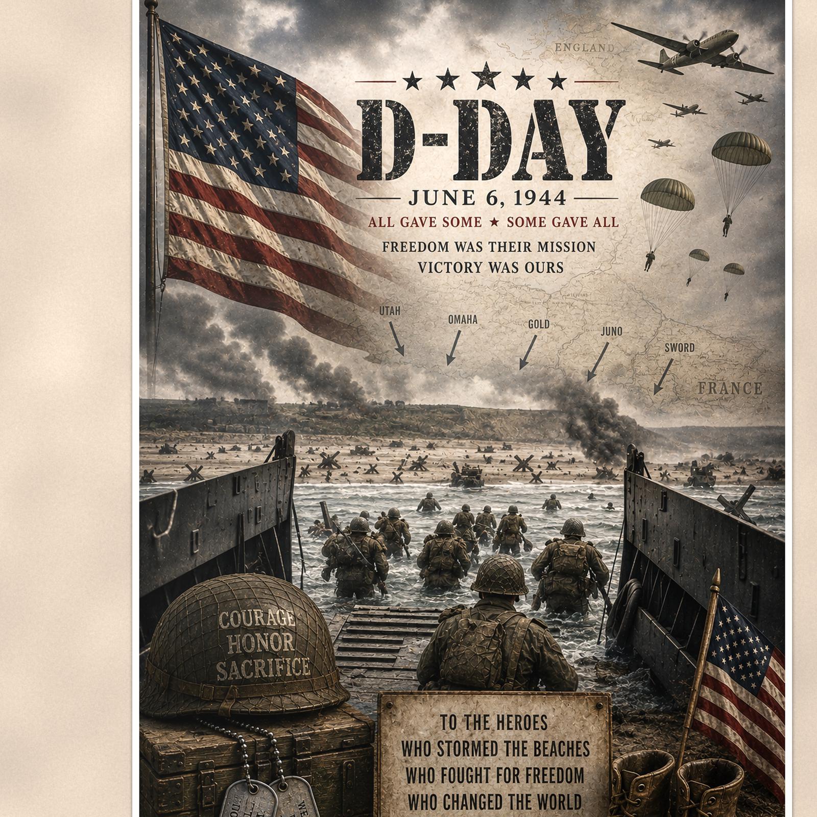 D-Day June 6 1944 — 24x36 in art print poster, premium luster paper with a white border; close-up framed on the main subject of the artwork, paper surface visible.