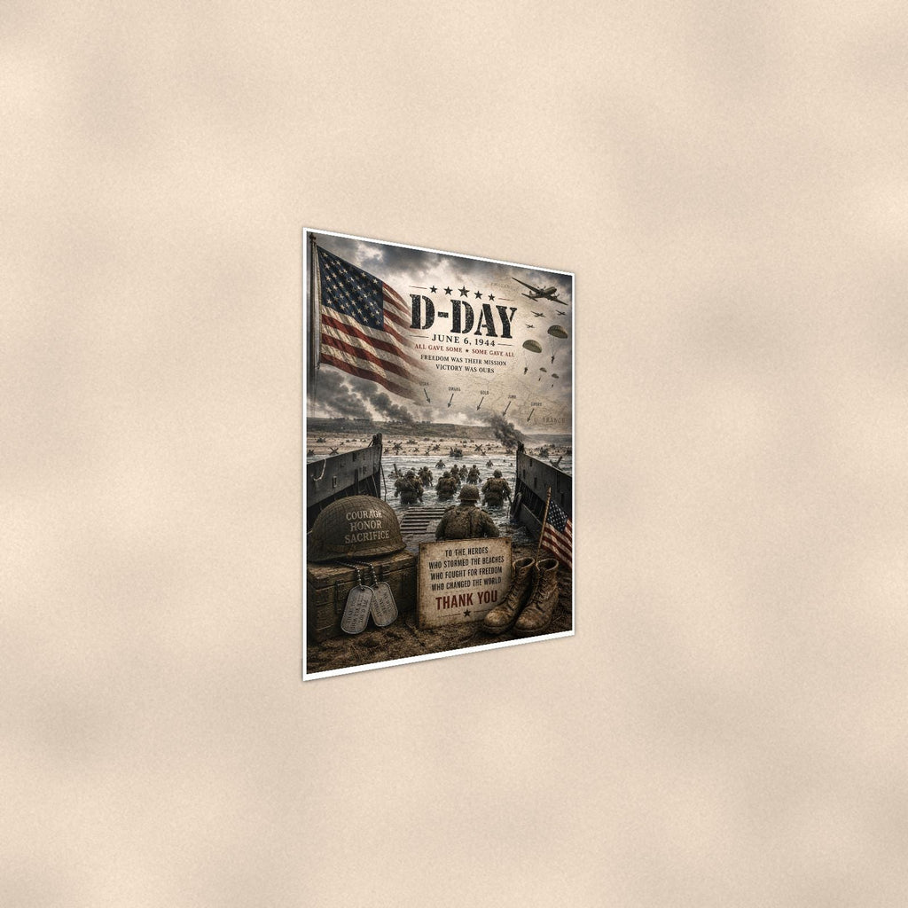 D-Day June 6 1944 — 24x36 in art print poster, premium luster paper with a white border; steeper three-quarter angle on a warm wall, catching the luster sheen.
