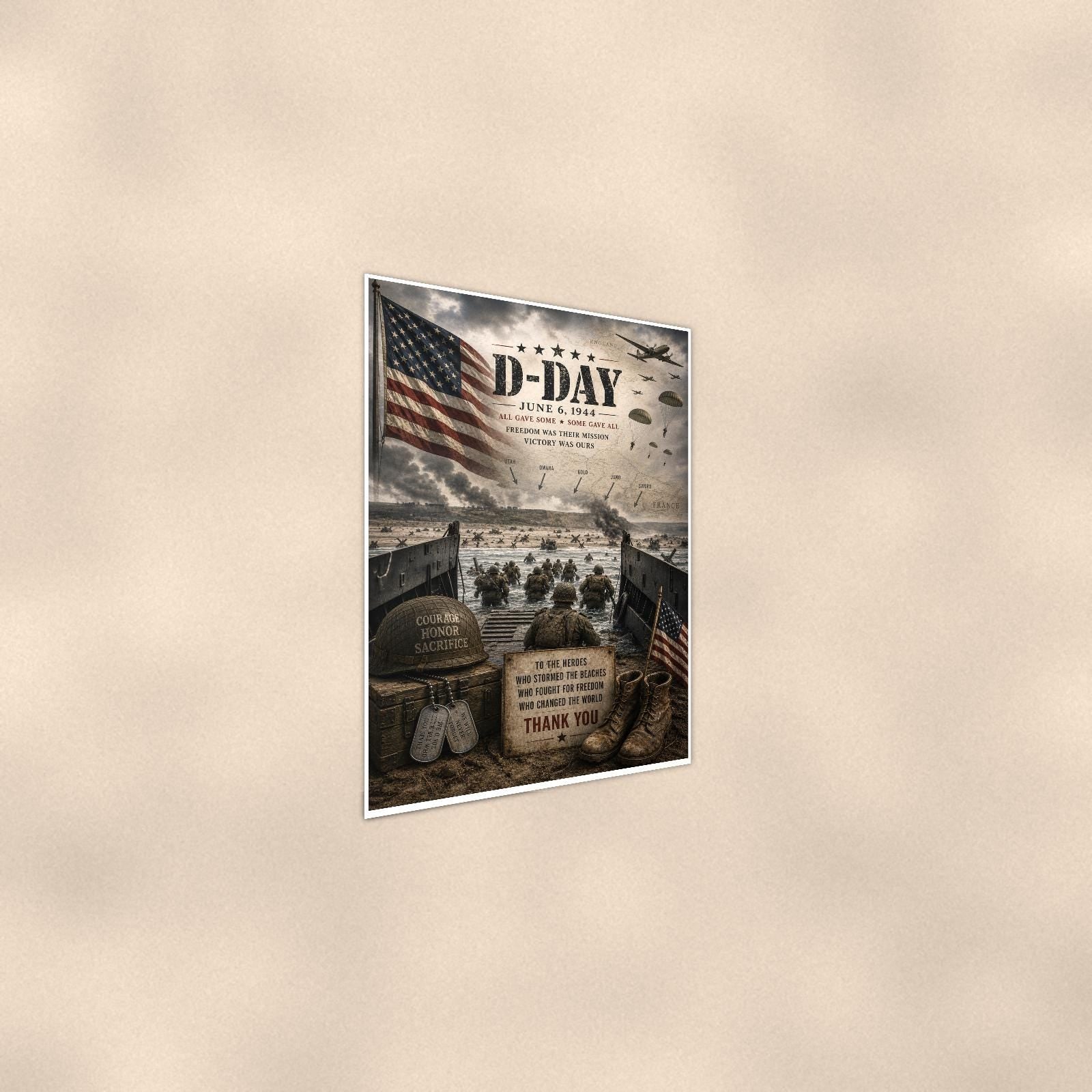 D-Day June 6 1944 — 24x36 in art print poster, premium luster paper with a white border; steeper three-quarter angle on a warm wall, catching the luster sheen.