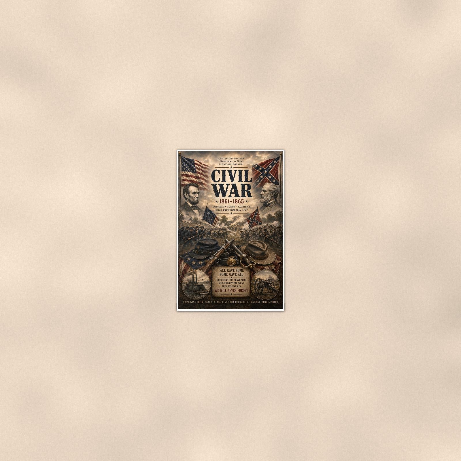 Civil War 1861 1865 — 24x36 in art print poster, premium luster paper with a white border; poster seen from further back, at true 24x36 in scale on a warm wall.