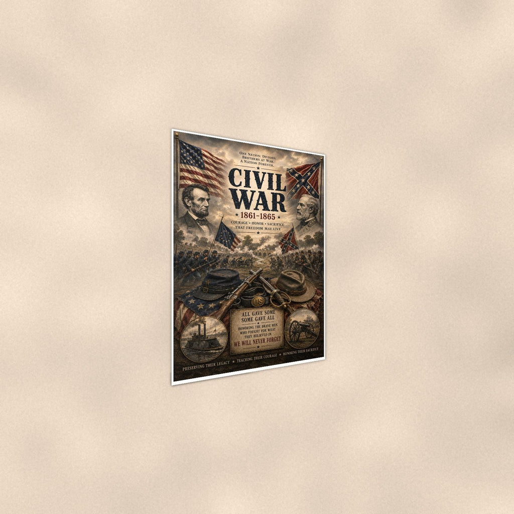 Civil War 1861 1865 — 24x36 in art print poster, premium luster paper with a white border; steeper three-quarter angle on a warm wall, catching the luster sheen.