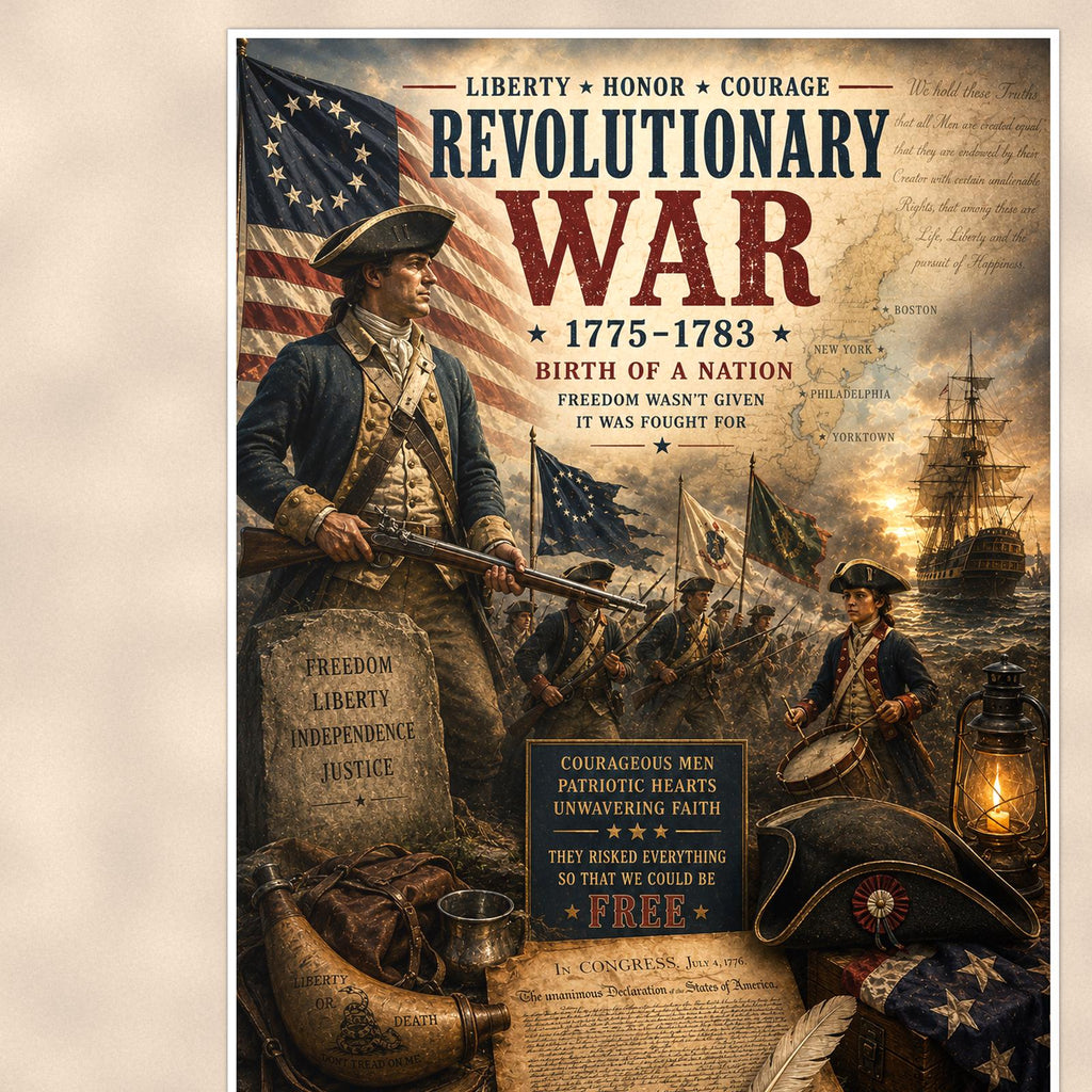 Revolutionary War 1775 1783 (2) — 24x36 in art print poster, premium luster paper with a white border; close-up framed on the main subject of the artwork, paper surface visible.