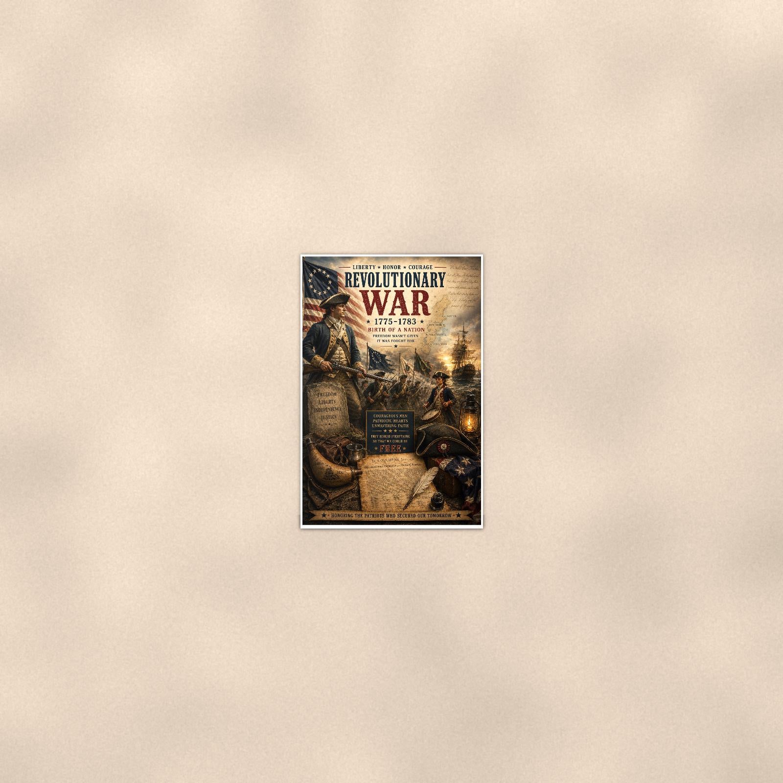 Revolutionary War 1775 1783 (2) — 24x36 in art print poster, premium luster paper with a white border; poster seen from further back, at true 24x36 in scale on a warm wall.