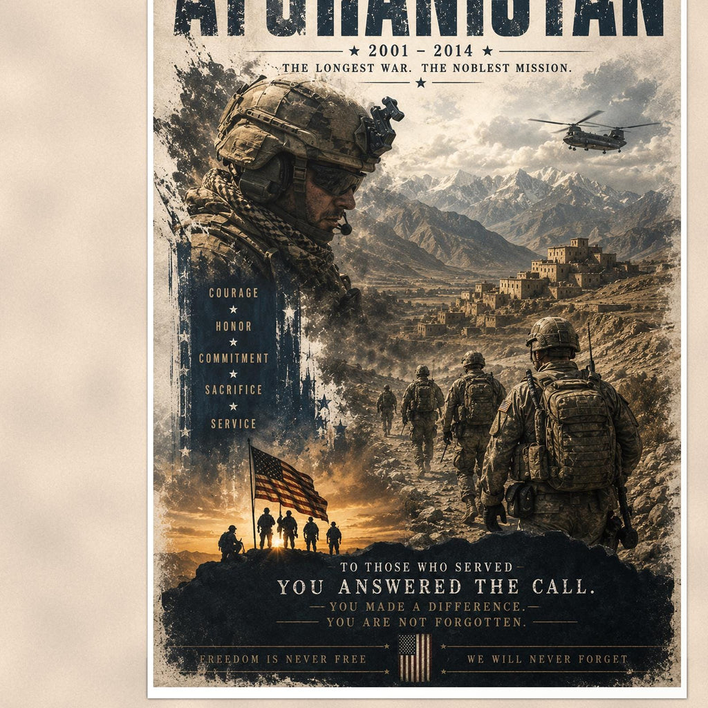Afghanistan 2001 2014 — 24x36 in art print poster, premium luster paper with a white border; close-up framed on the main subject of the artwork, paper surface visible.