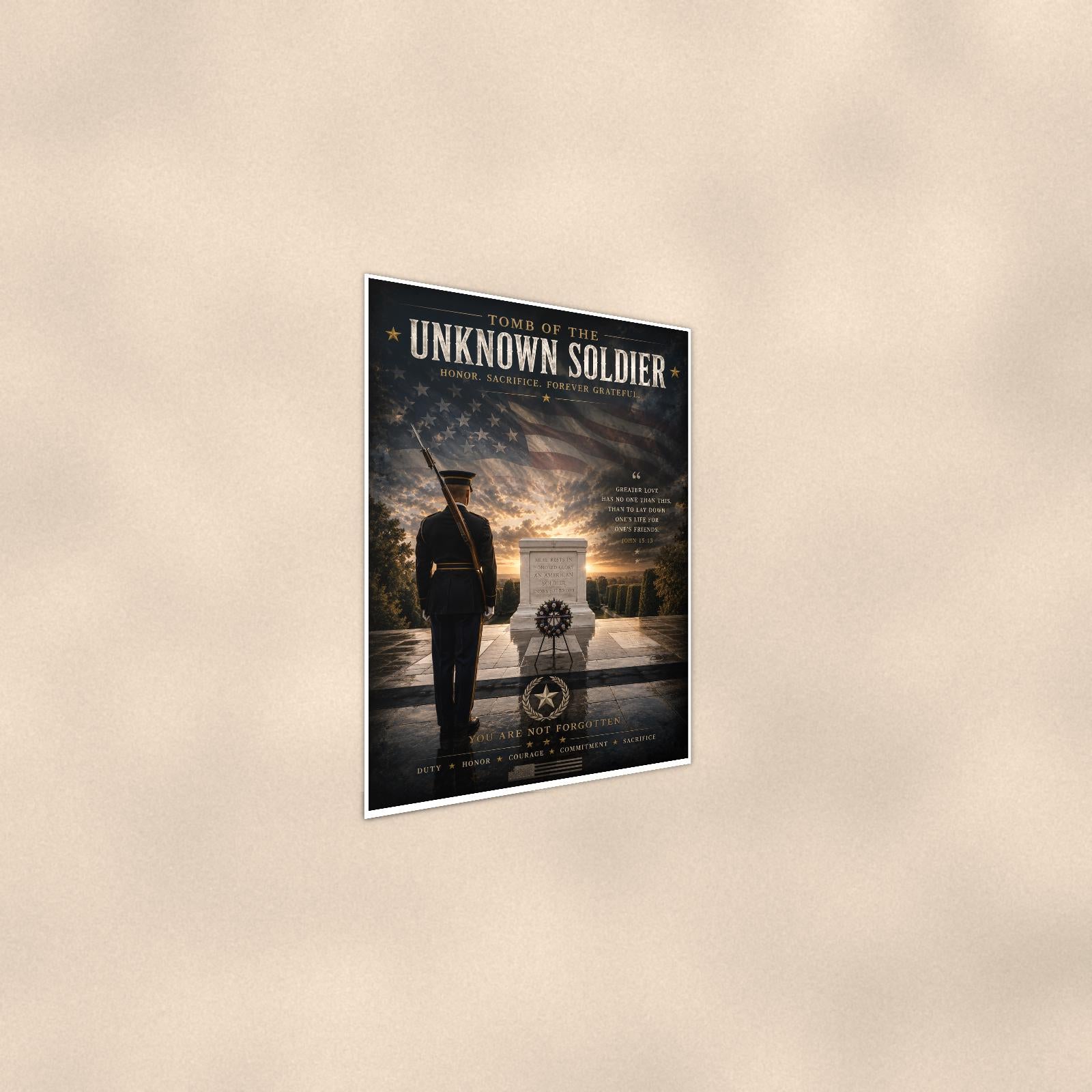 Tomb of the Unknown Soldier (2) — 24x36 in art print poster, premium luster paper with a white border; steeper three-quarter angle on a warm wall, catching the luster sheen.