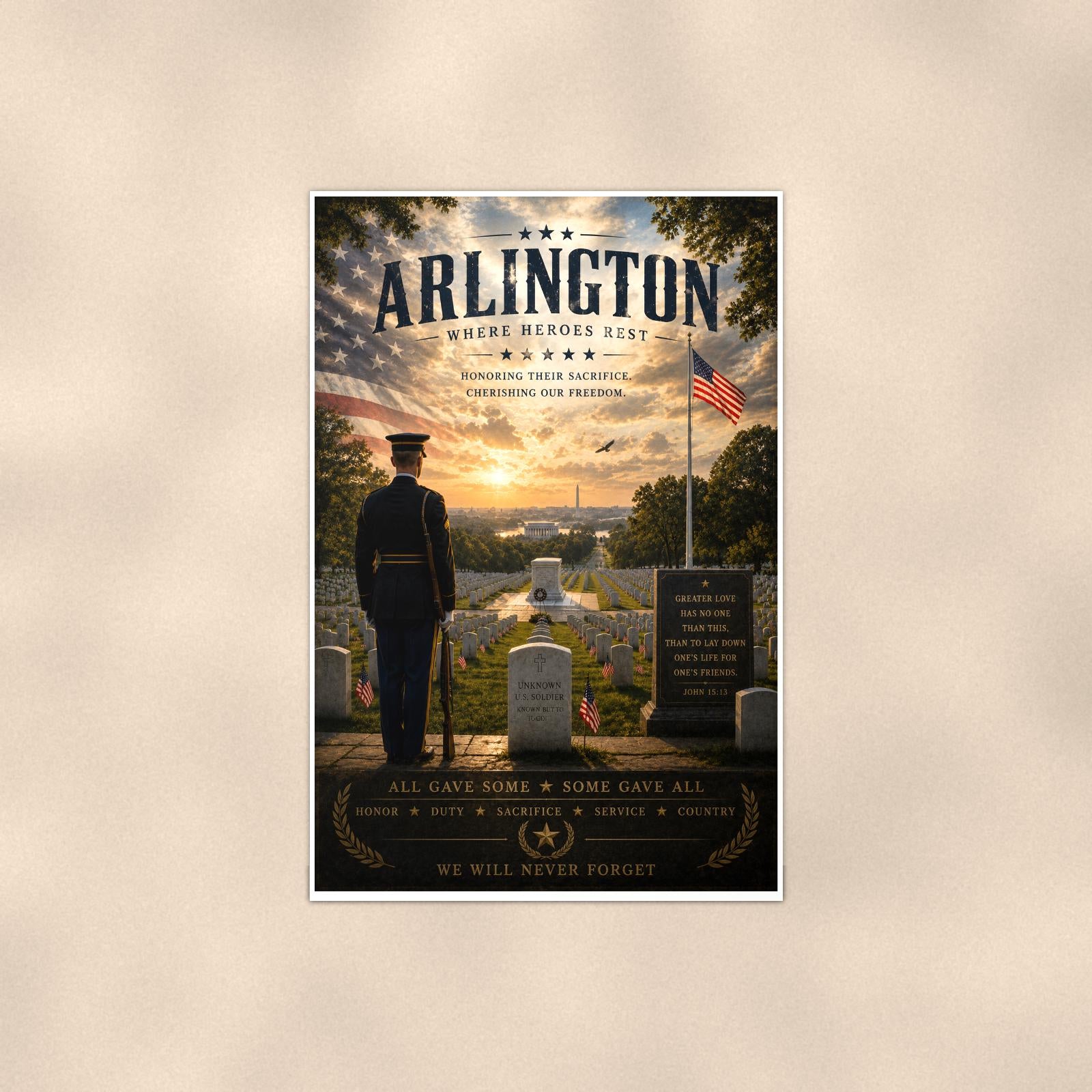 Arlington Where Heroes Rest (2) — 24x36 in art print poster, premium luster paper with a white border; poster shown straight on against a warm wall.