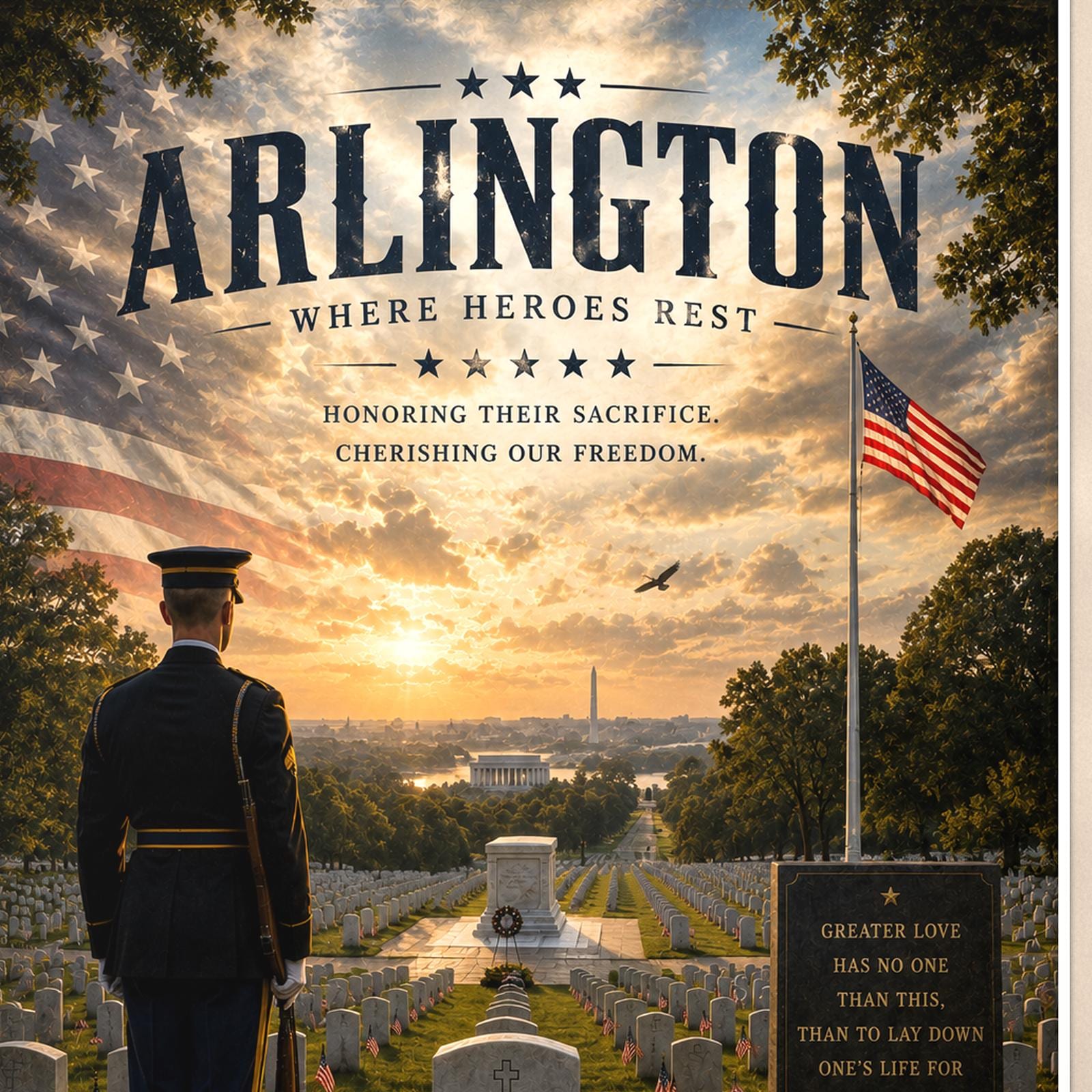 Arlington Where Heroes Rest (2) — 24x36 in art print poster, premium luster paper with a white border; close-up framed on the main subject of the artwork, paper surface visible.
