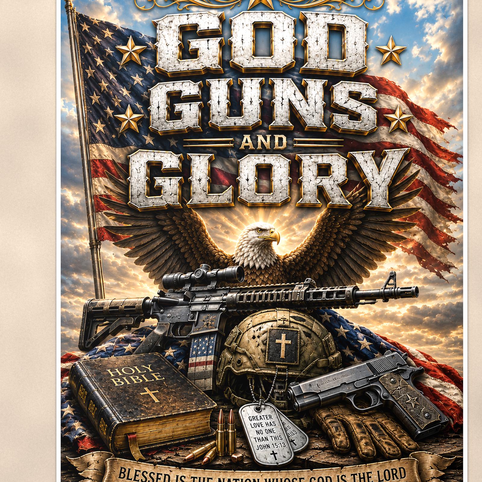God Guns and Glory (2) — 24x36 in art print poster, premium luster paper with a white border; close-up framed on the main subject of the artwork, paper surface visible.
