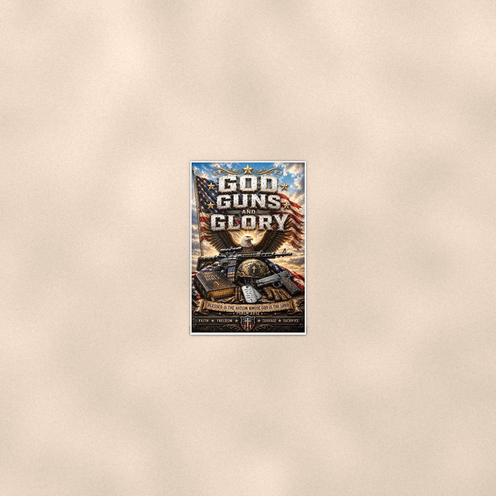 God Guns and Glory (2) — 24x36 in art print poster, premium luster paper with a white border; poster seen from further back, at true 24x36 in scale on a warm wall.