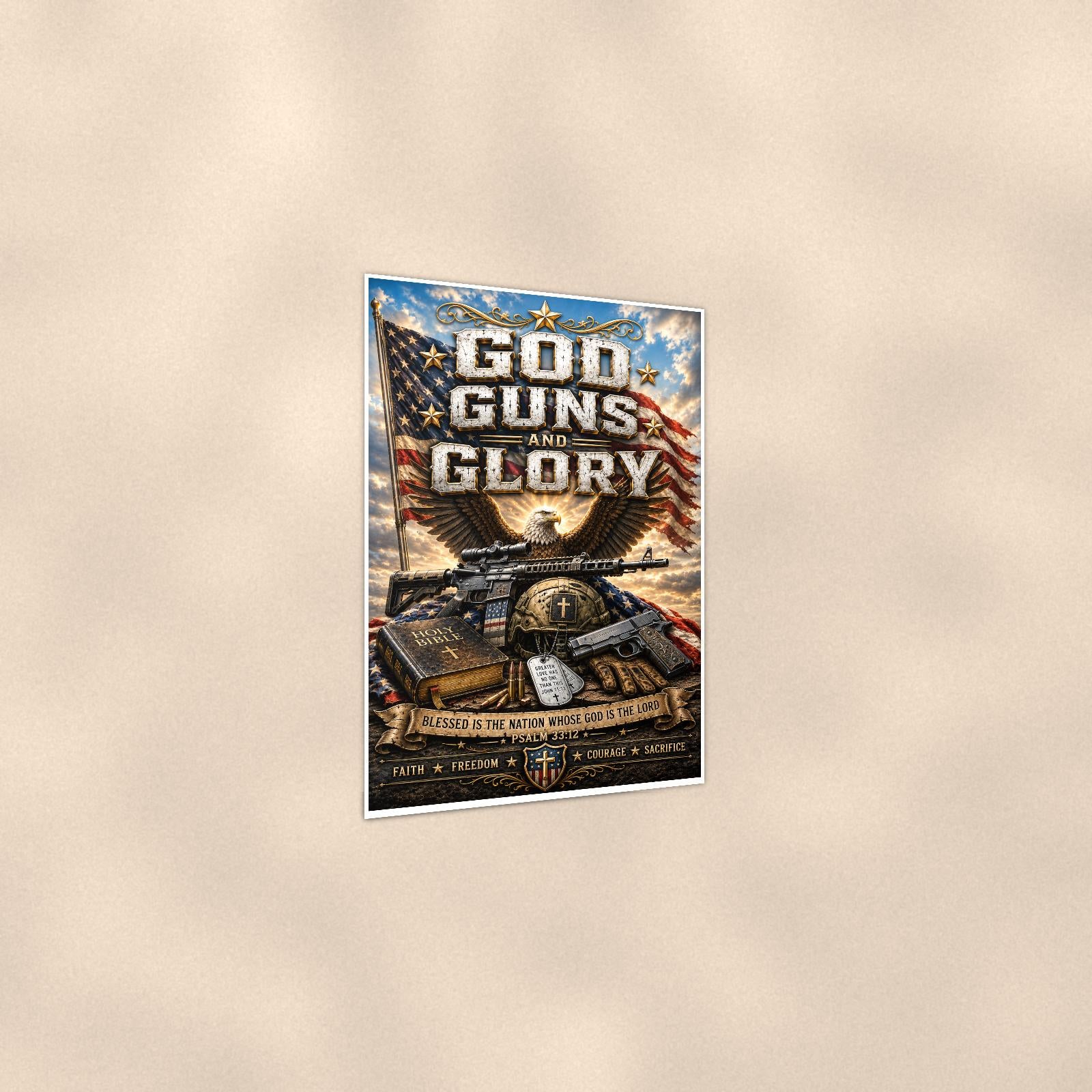 God Guns and Glory (2) — 24x36 in art print poster, premium luster paper with a white border; gentle three-quarter angle on a warm wall, showing the flat paper edge.