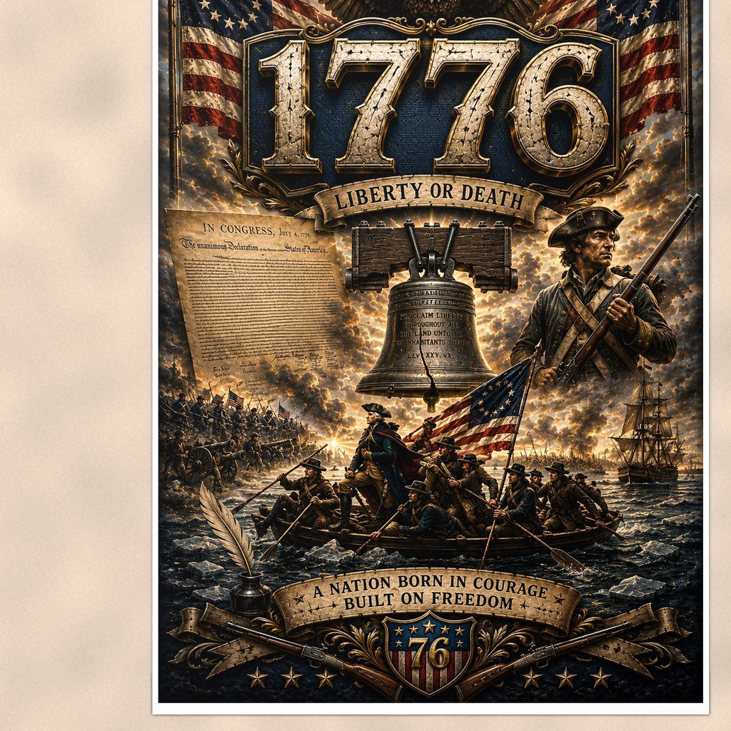 1776 Liberty Or Death (2) — 24x36 in art print poster, premium luster paper with a white border; close-up framed on the main subject of the artwork, paper surface visible.