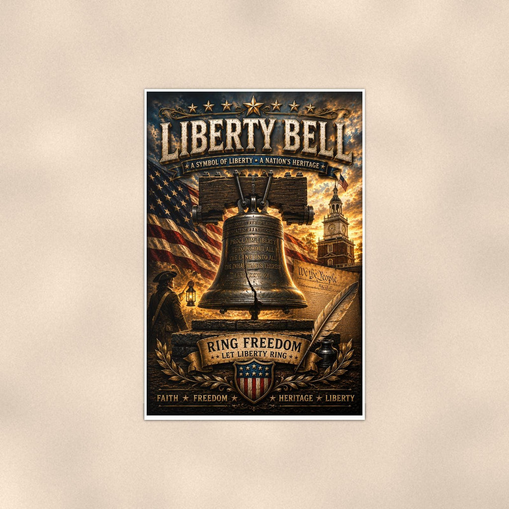 Liberty Bell Let Freedom Ring (2) — 24x36 in art print poster, premium luster paper with a white border; poster shown straight on against a warm wall.
