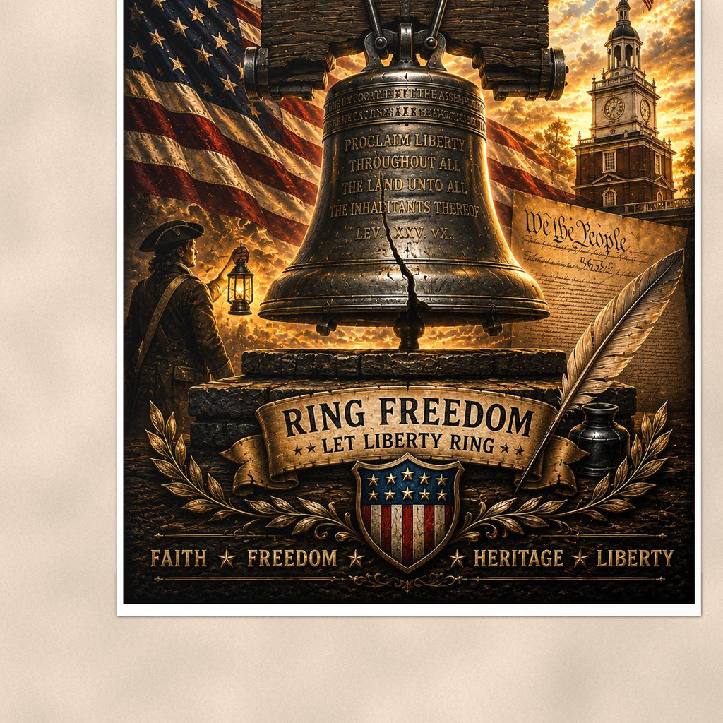 Liberty Bell Let Freedom Ring (2) — 24x36 in art print poster, premium luster paper with a white border; close-up framed on the main subject of the artwork, paper surface visible.
