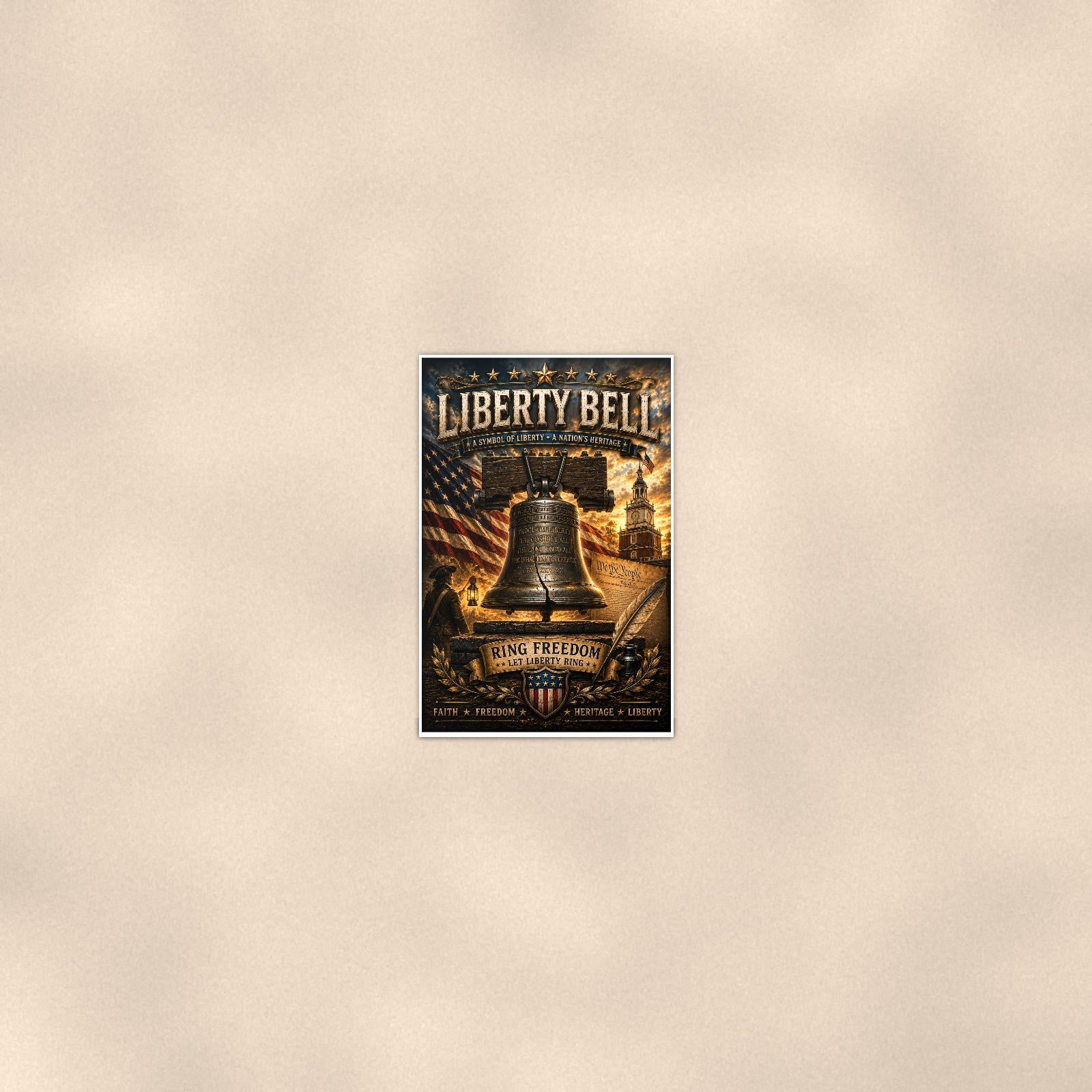 Liberty Bell Let Freedom Ring (2) — 24x36 in art print poster, premium luster paper with a white border; poster seen from further back, at true 24x36 in scale on a warm wall.