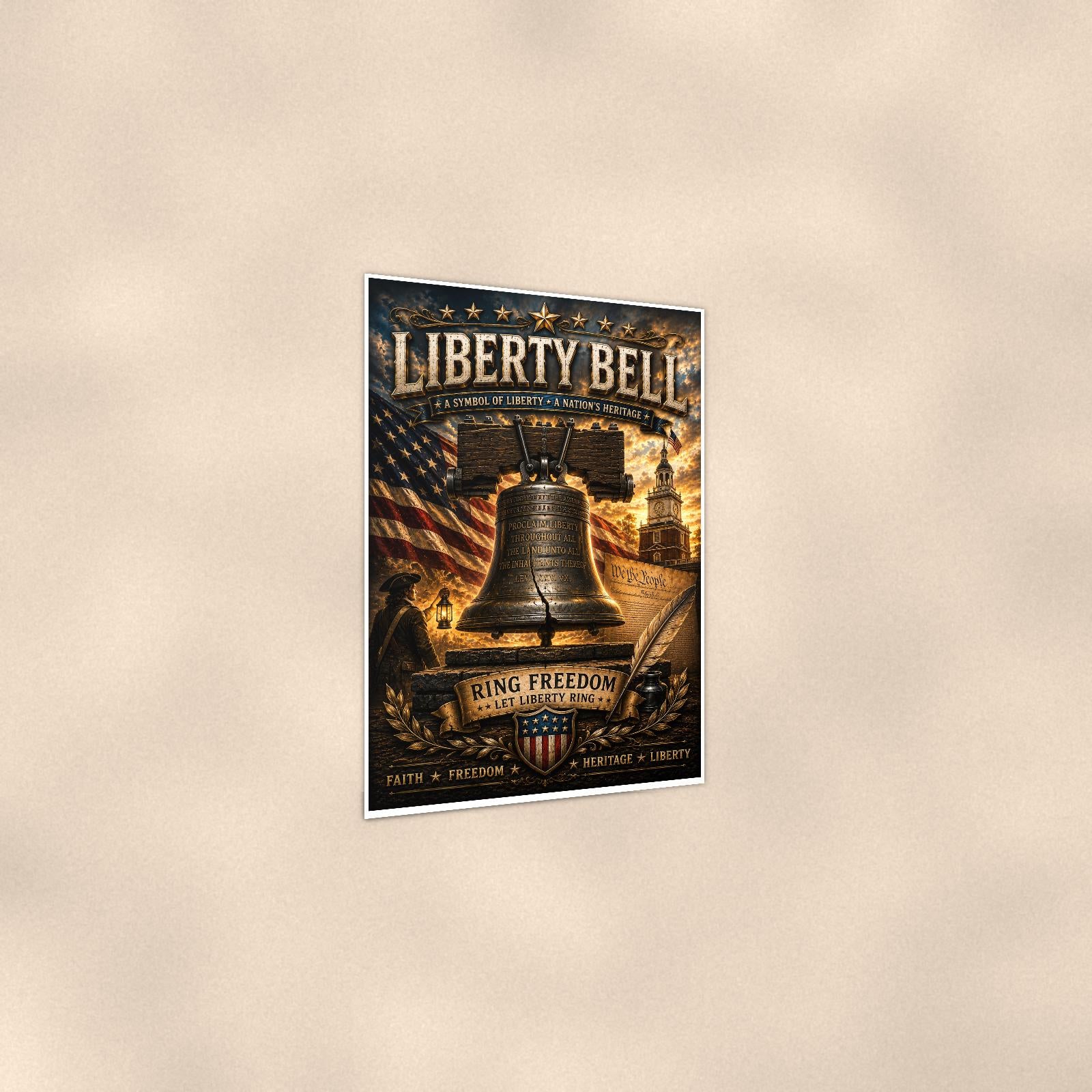 Liberty Bell Let Freedom Ring (2) — 24x36 in art print poster, premium luster paper with a white border; gentle three-quarter angle on a warm wall, showing the flat paper edge.