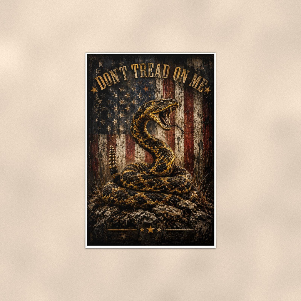 Dont Tread on me Snake and Flag — 24x36 in art print poster, premium luster paper with a white border; poster shown straight on against a warm wall.