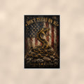 Dont Tread on me Snake and Flag — 24x36 in art print poster, premium luster paper with a white border; poster shown straight on against a warm wall.