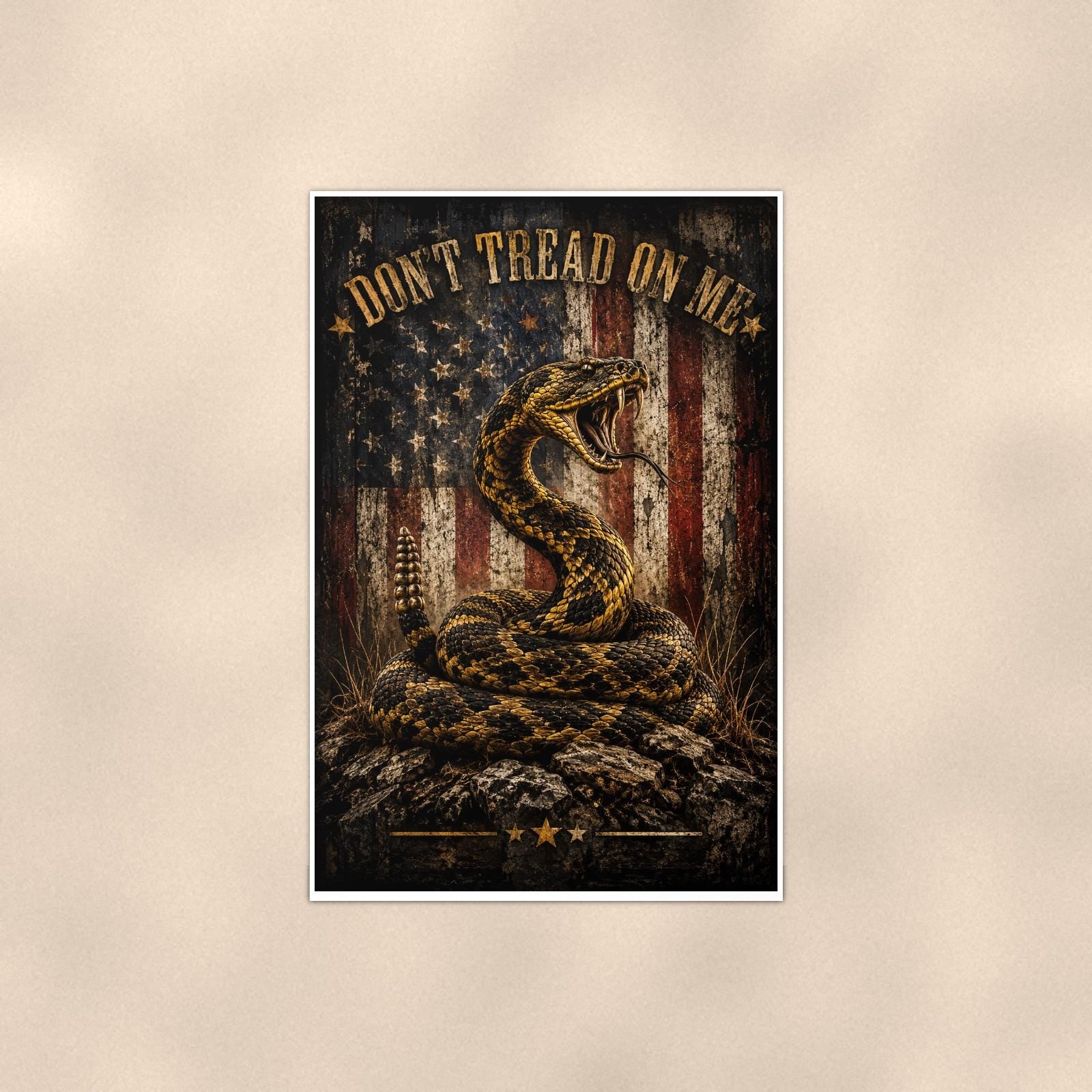 Dont Tread on me Snake and Flag — 24x36 in art print poster, premium luster paper with a white border; poster shown straight on against a warm wall.