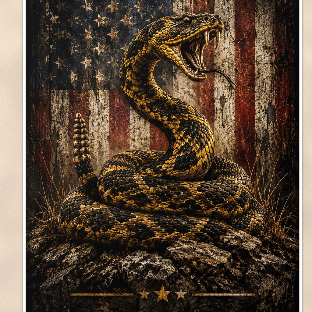 Dont Tread on me Snake and Flag — 24x36 in art print poster, premium luster paper with a white border; close-up framed on the main subject of the artwork, paper surface visible.