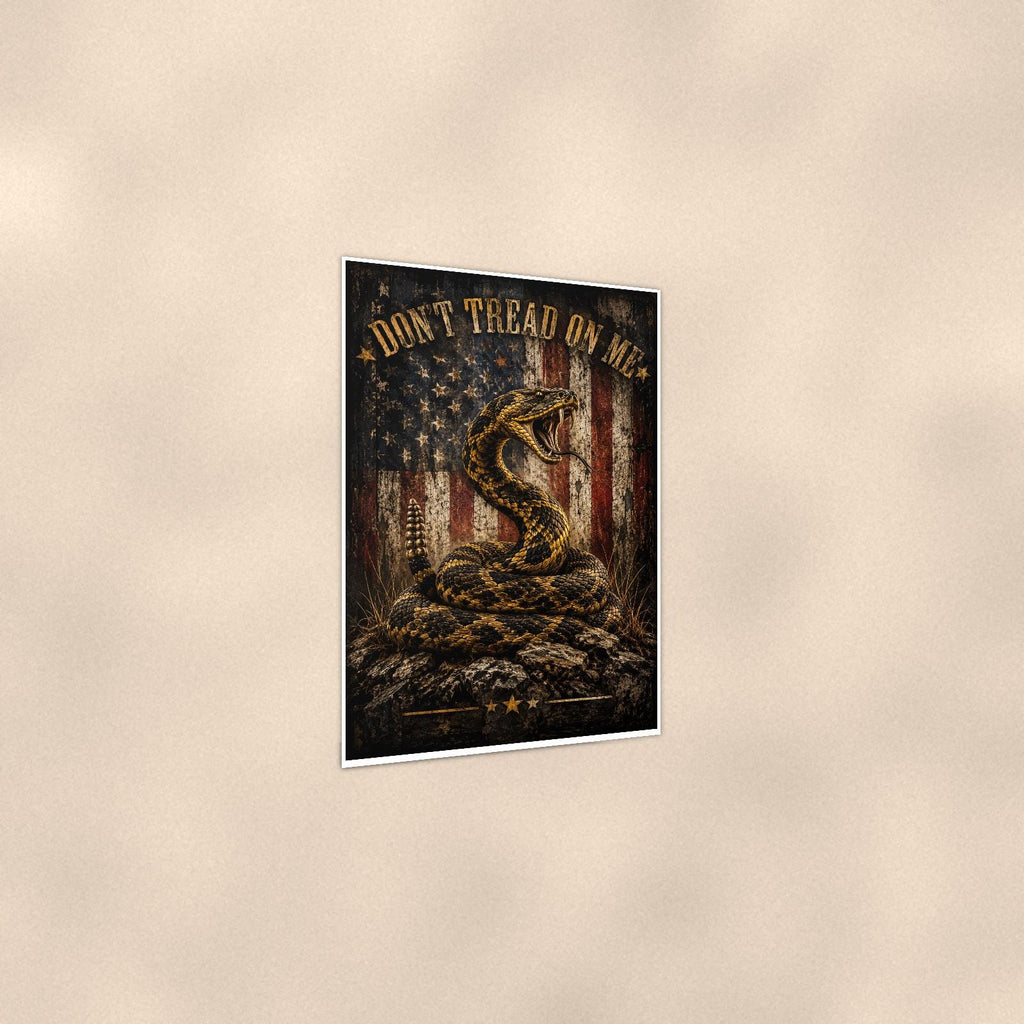 Dont Tread on me Snake and Flag — 24x36 in art print poster, premium luster paper with a white border; gentle three-quarter angle on a warm wall, showing the flat paper edge.