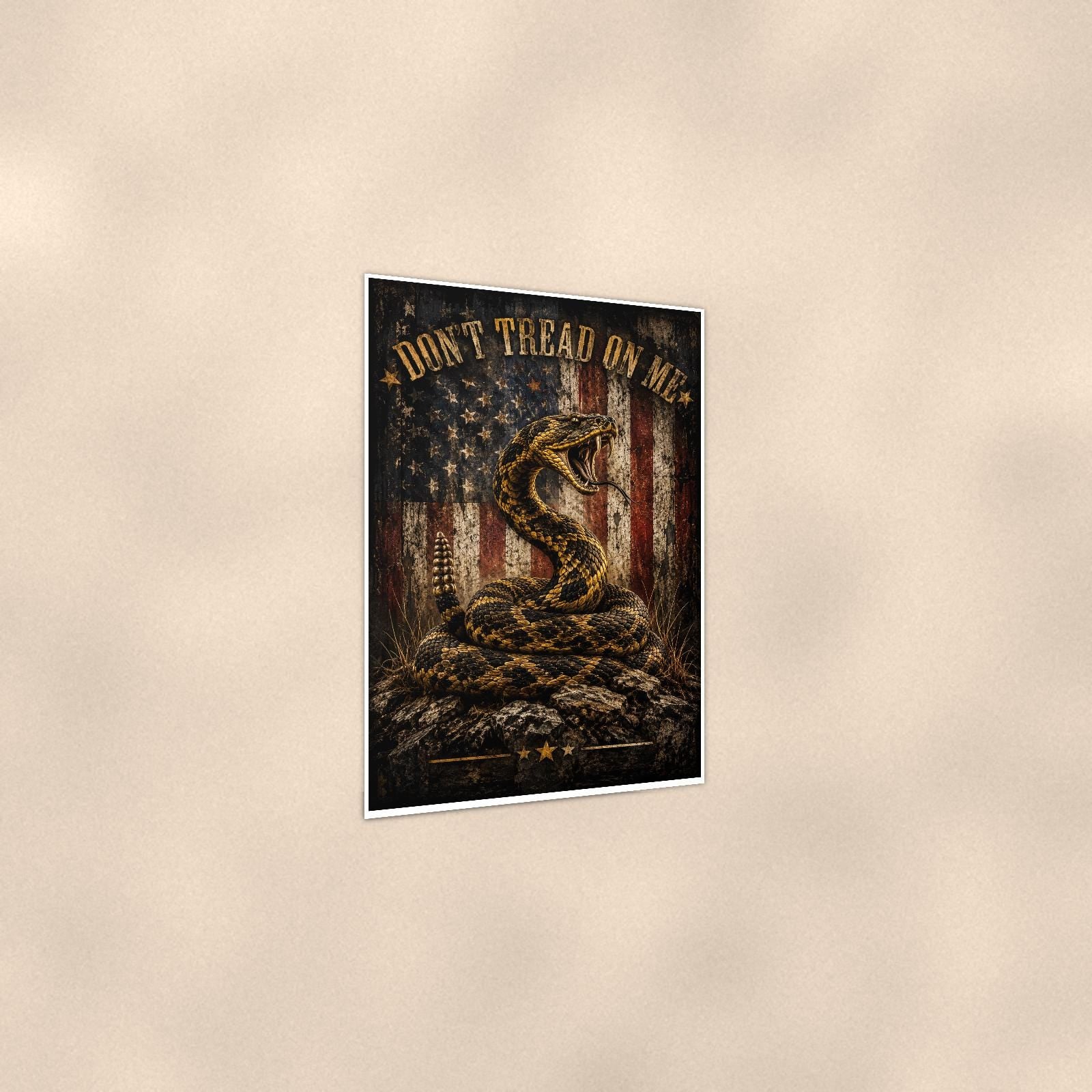 Dont Tread on me Snake and Flag — 24x36 in art print poster, premium luster paper with a white border; gentle three-quarter angle on a warm wall, showing the flat paper edge.