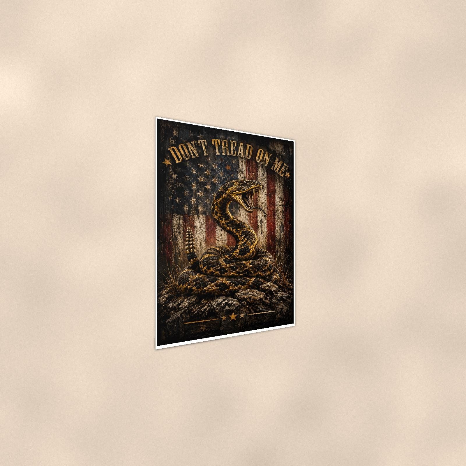 Dont Tread on me Snake and Flag — 24x36 in art print poster, premium luster paper with a white border; steeper three-quarter angle on a warm wall, catching the luster sheen.