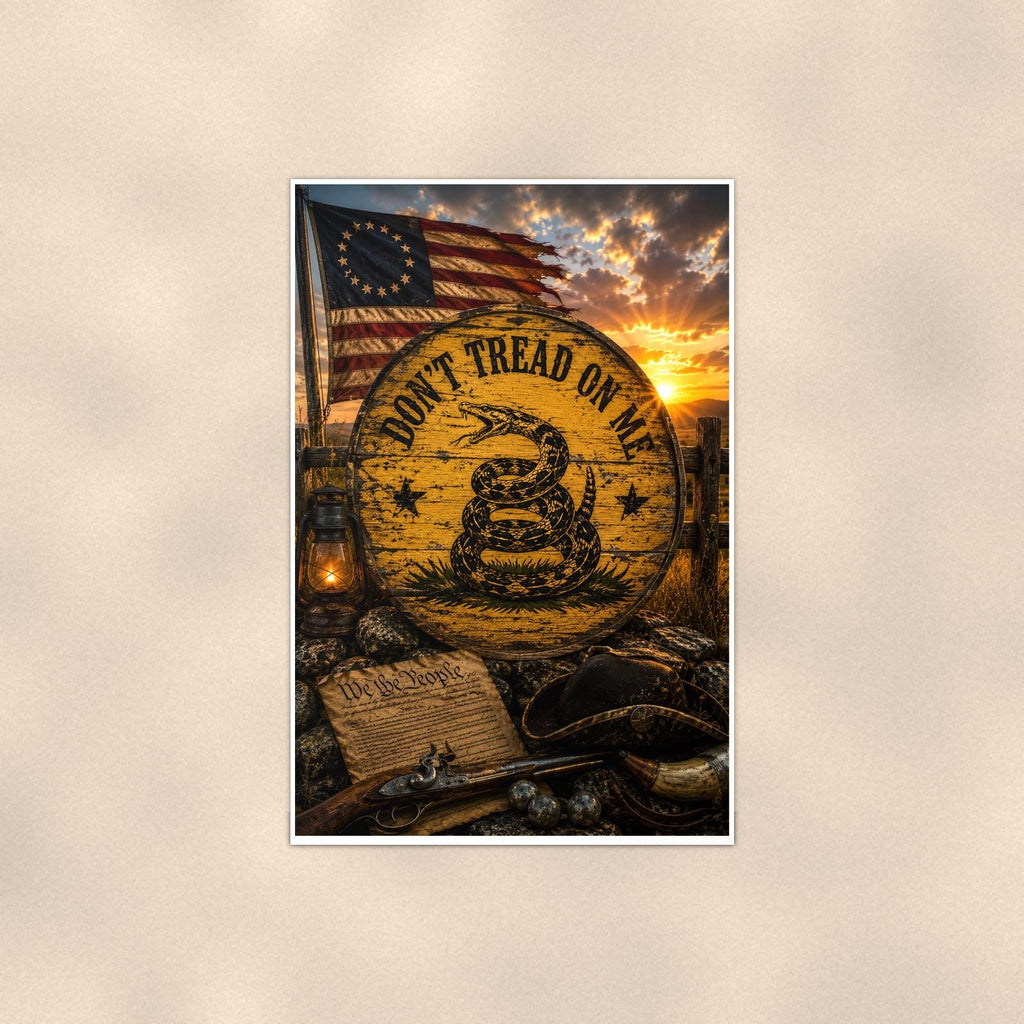 Dont Tread on me Colonial — 24x36 in art print poster, premium luster paper with a white border; poster shown straight on against a warm wall.