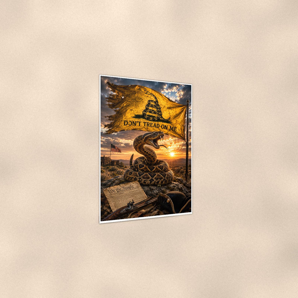 Dont Tread On Me Rattlesnake — 24x36 in art print poster, premium luster paper with a white border; gentle three-quarter angle on a warm wall, showing the flat paper edge.
