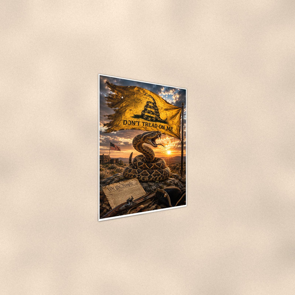 Dont Tread On Me Rattlesnake — 24x36 in art print poster, premium luster paper with a white border; steeper three-quarter angle on a warm wall, catching the luster sheen.