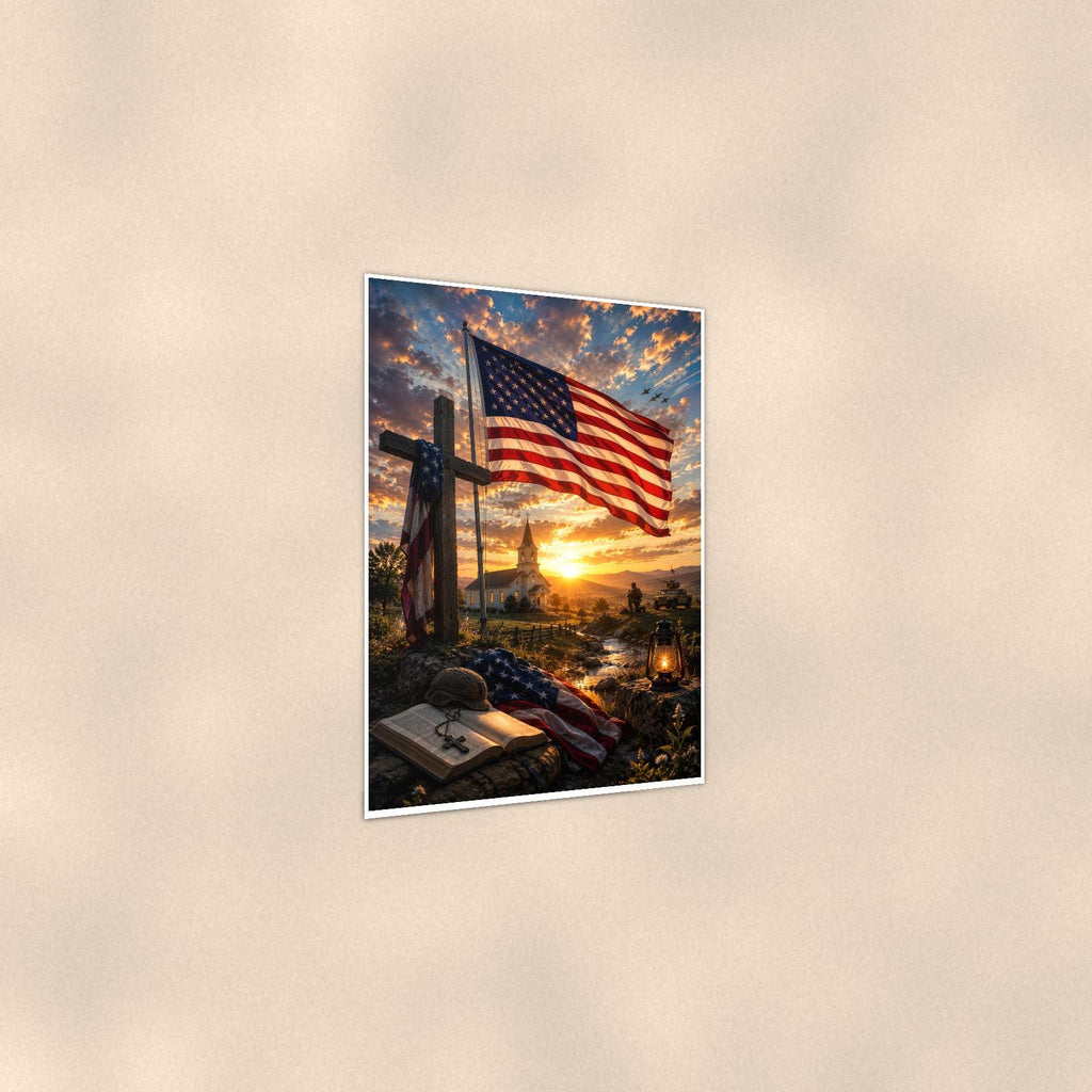 Flag and Cross Memorial — 24x36 in art print poster, premium luster paper with a white border; gentle three-quarter angle on a warm wall, showing the flat paper edge.