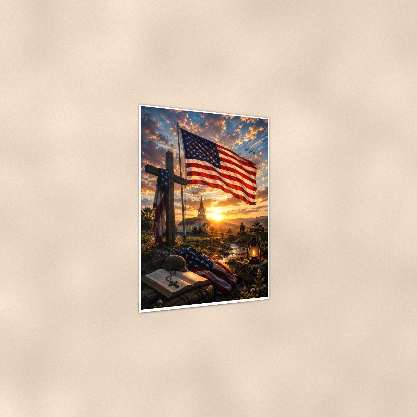 Flag and Cross Memorial — 24x36 in art print poster, premium luster paper with a white border; gentle three-quarter angle on a warm wall, showing the flat paper edge.