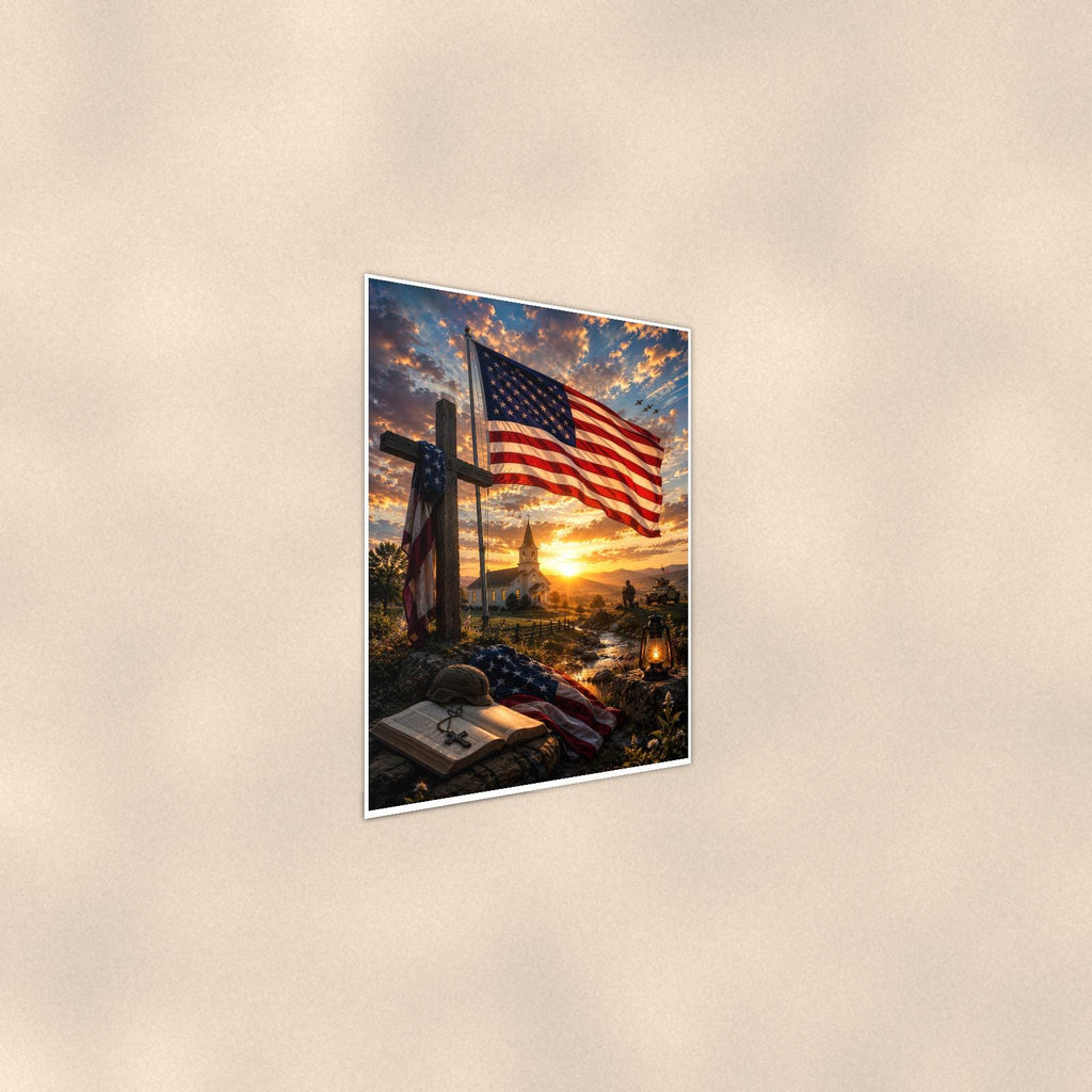 Flag and Cross Memorial — 24x36 in art print poster, premium luster paper with a white border; steeper three-quarter angle on a warm wall, catching the luster sheen.