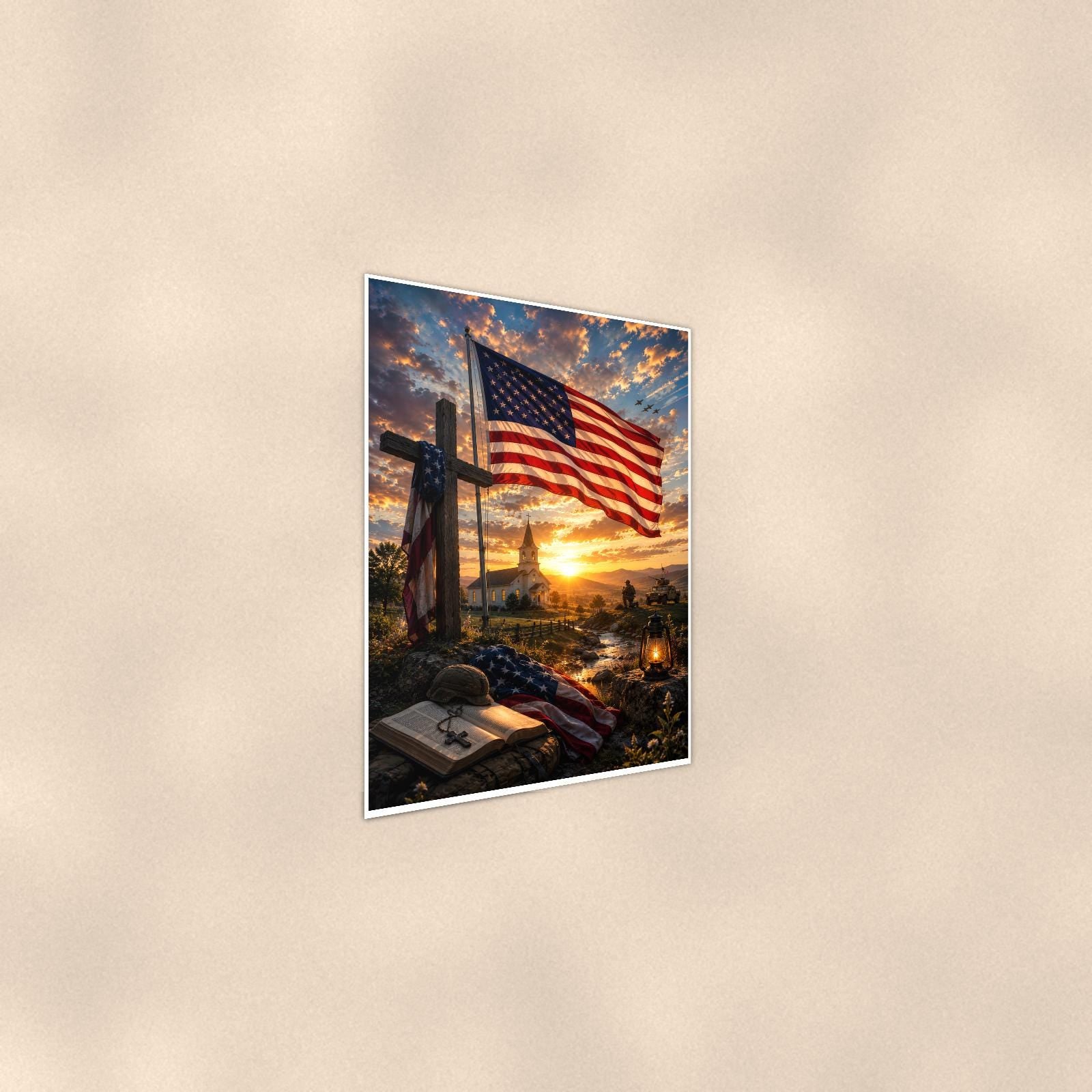 Flag and Cross Memorial — 24x36 in art print poster, premium luster paper with a white border; steeper three-quarter angle on a warm wall, catching the luster sheen.