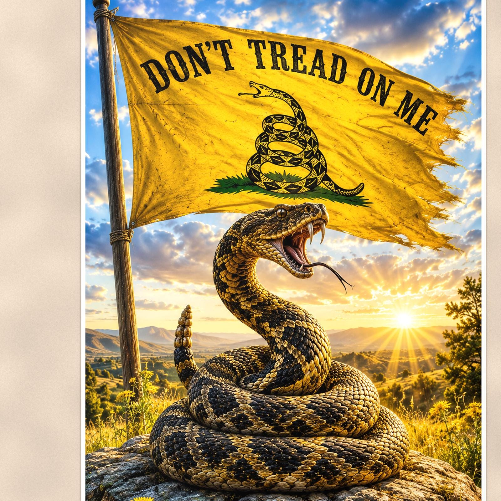 Gadsden Meadow Rattler — 24x36 in art print poster, premium luster paper with a white border; close-up framed on the main subject of the artwork, paper surface visible.