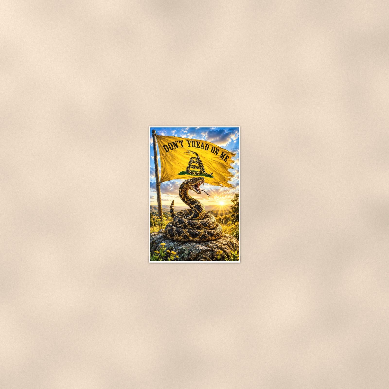 Gadsden Meadow Rattler — 24x36 in art print poster, premium luster paper with a white border; poster seen from further back, at true 24x36 in scale on a warm wall.