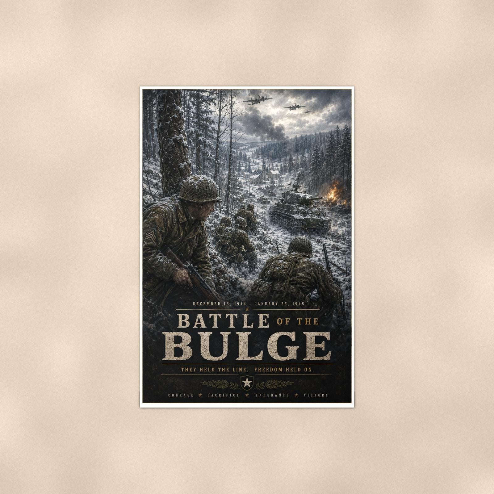 Battle Of The Bulge — 24x36 in art print poster, premium luster paper with a white border; poster shown straight on against a warm wall.