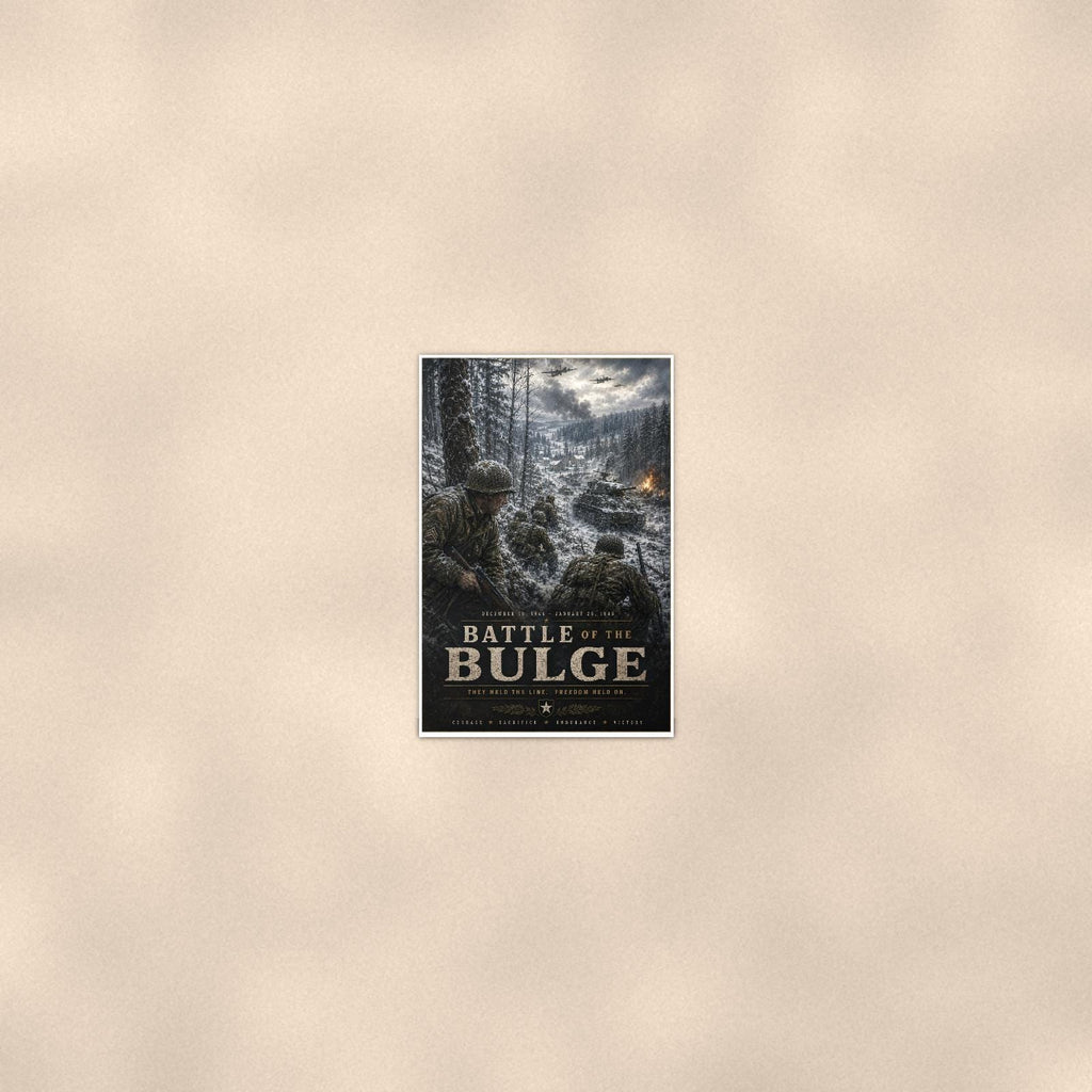 Battle Of The Bulge — 24x36 in art print poster, premium luster paper with a white border; poster seen from further back, at true 24x36 in scale on a warm wall.