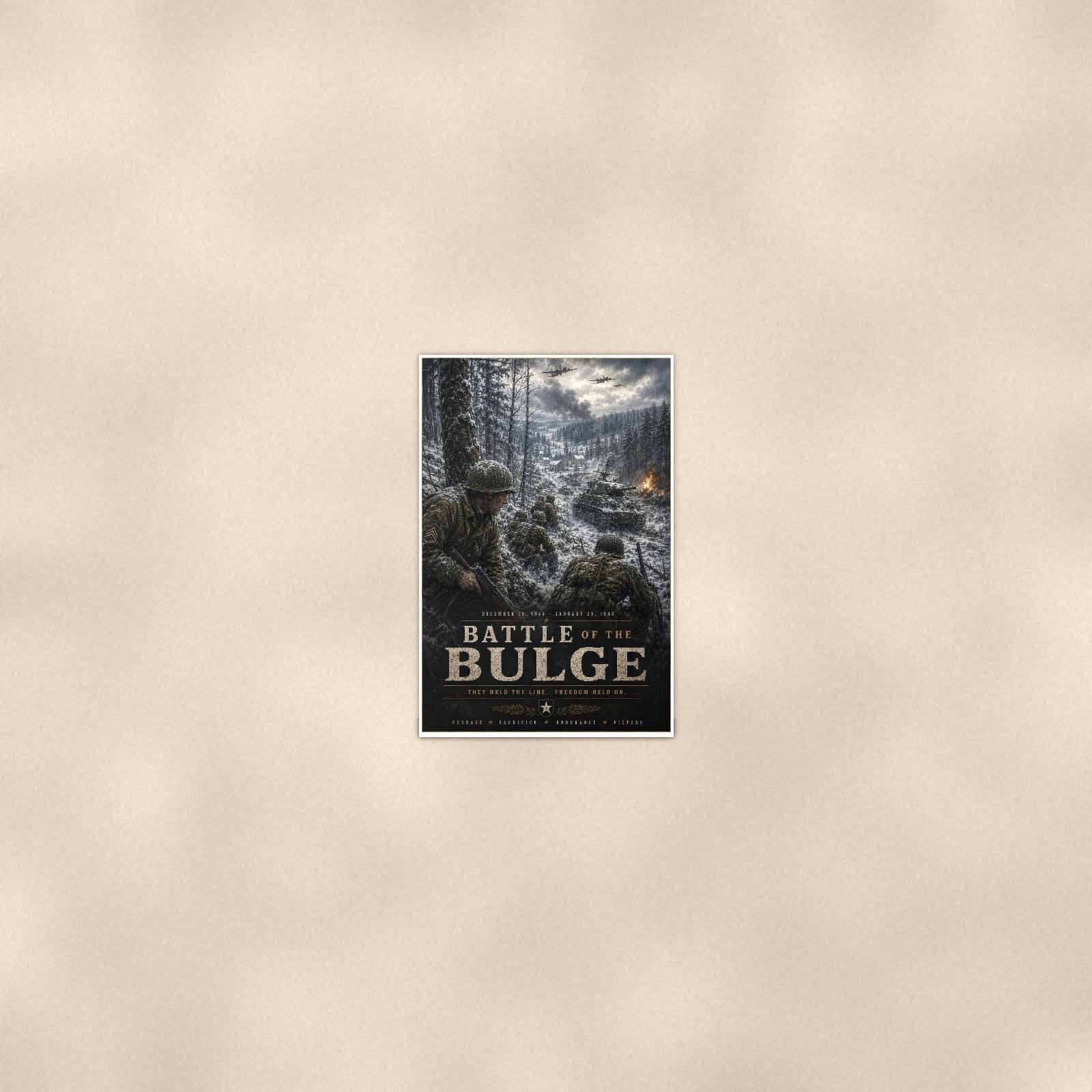 Battle Of The Bulge — 24x36 in art print poster, premium luster paper with a white border; poster seen from further back, at true 24x36 in scale on a warm wall.