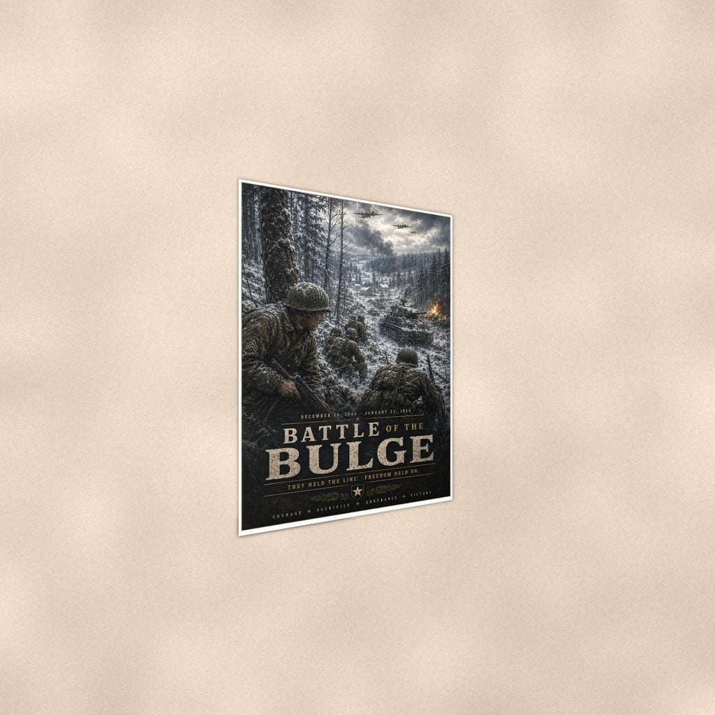 Battle Of The Bulge — 24x36 in art print poster, premium luster paper with a white border; steeper three-quarter angle on a warm wall, catching the luster sheen.