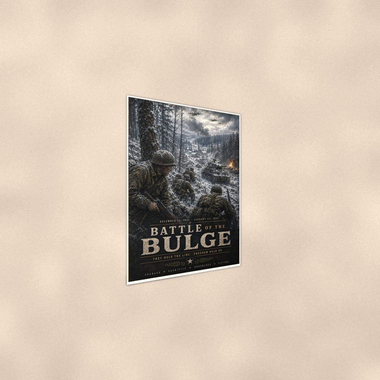 Battle Of The Bulge — 24x36 in art print poster, premium luster paper with a white border; steeper three-quarter angle on a warm wall, catching the luster sheen.
