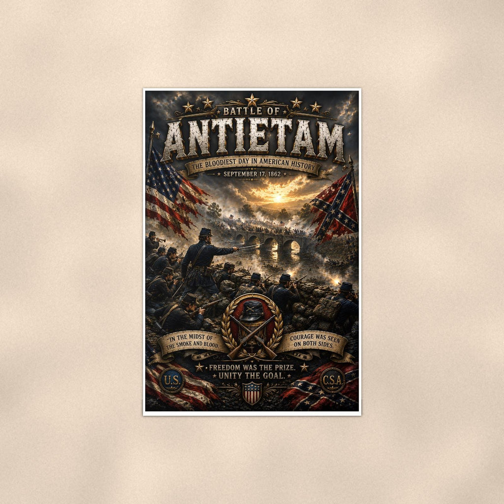 Battle of Antietam — 24x36 in art print poster, premium luster paper with a white border; poster shown straight on against a warm wall.